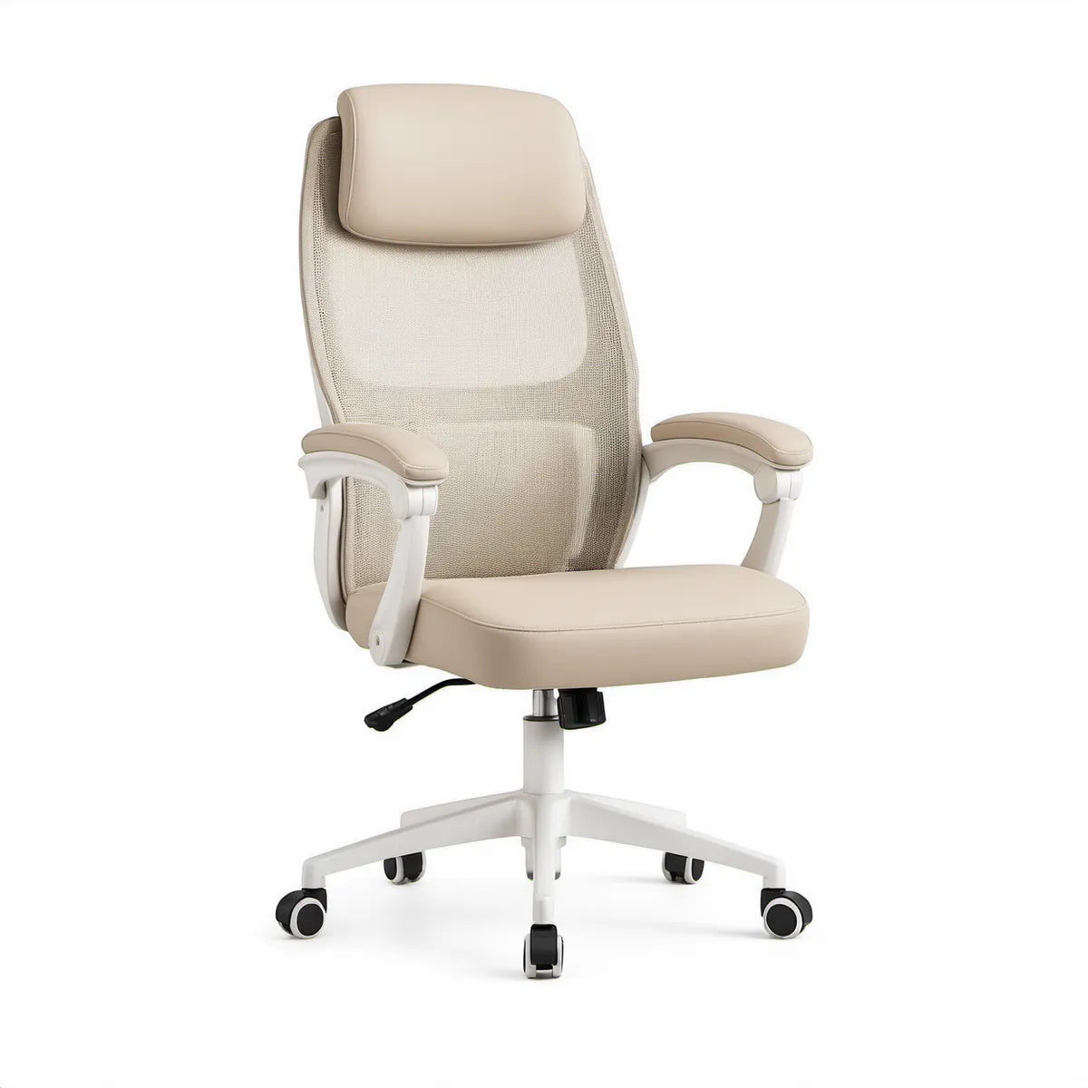 Ergonomiczne krzesło biurowe obrotowe z siatkowym oparciem, zagłówkiem i podłokietnikami, beżowo-białe, 64 × 64 × 115–125 cm