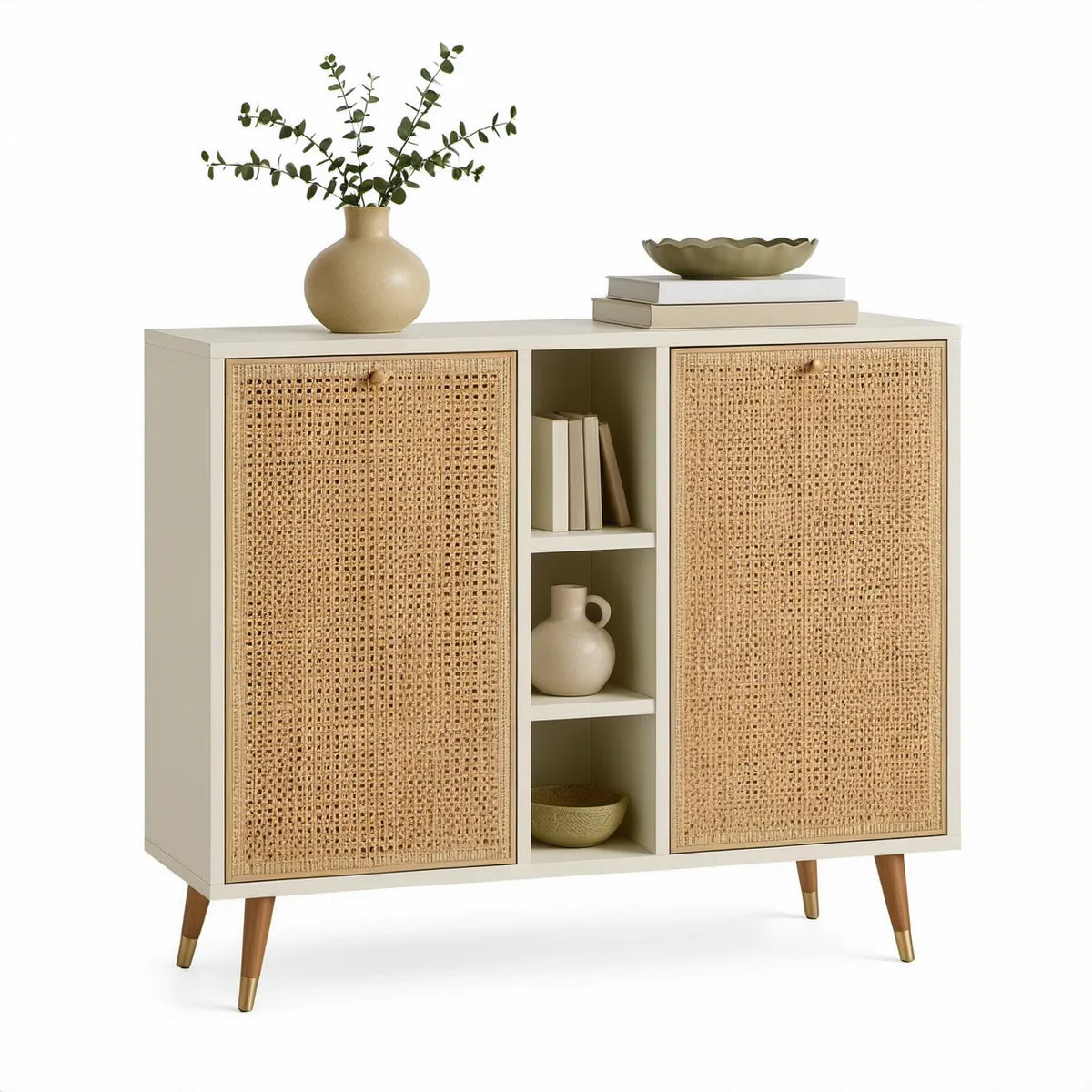 Beżowy kredens z MDF i naturalnego rattanu 120 x 40 x 100 cm