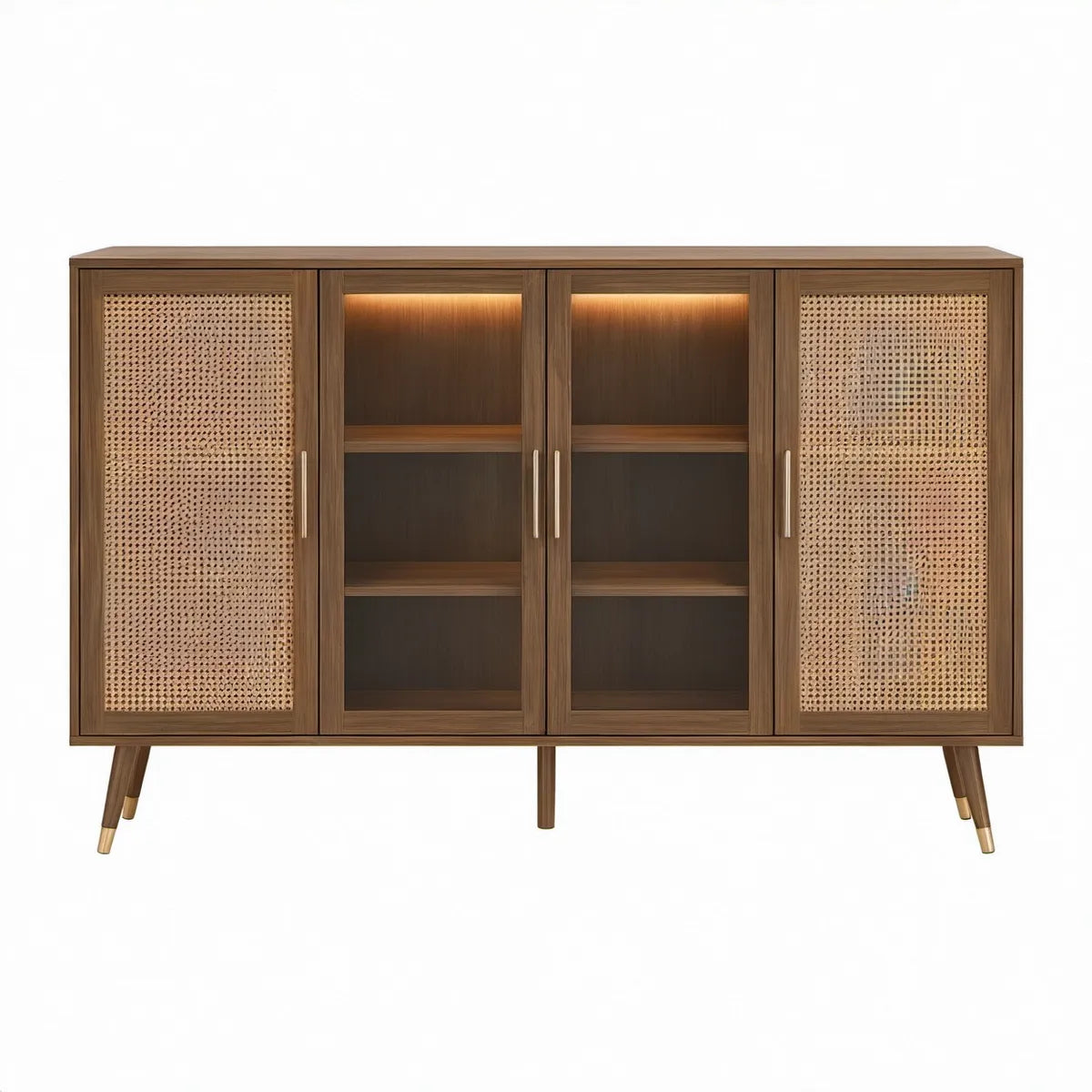 Kredens retro 180 x 40 x 90 cm z frontami rattanowymi i szkłem, orzechowy
