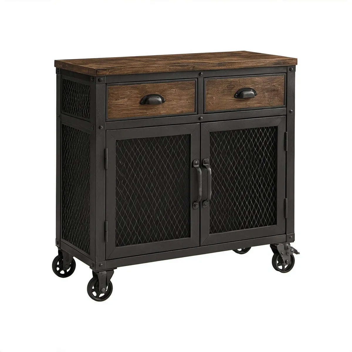 Industrialny mobilny kredens z 2 szufladami i 2 drzwiami, 90 x 45 x 90 cm, brązowo-czarny