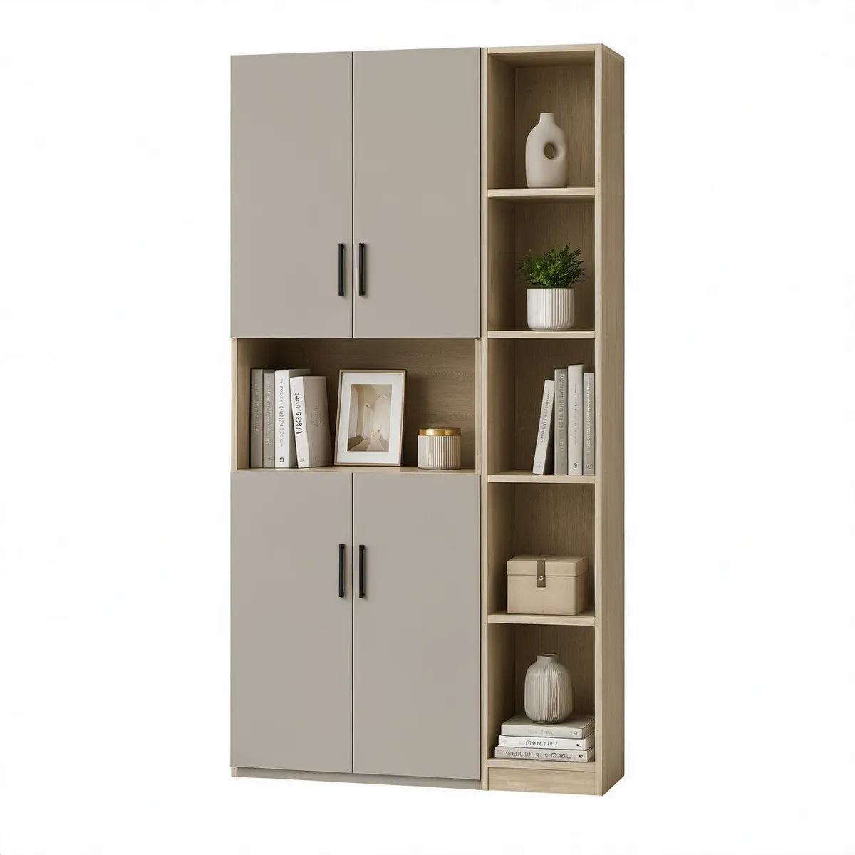 Kredens 80 × 30 × 180 cm z laminowanej płyty wiórowej, taupe i jasny dąb