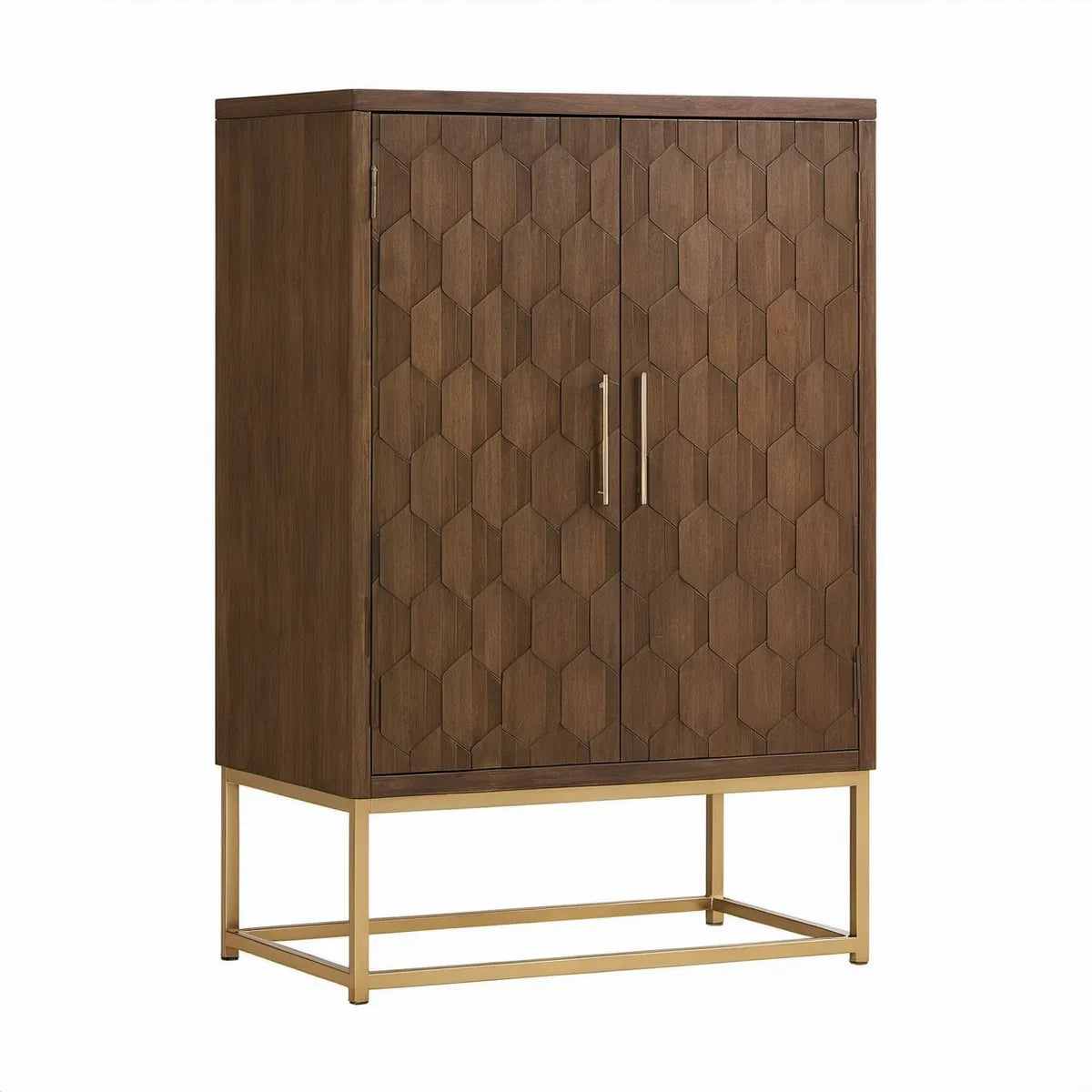 Kredens dwudrzwiowy 100 x 45 x 180 cm z płyty MDF w kolorze orzechowego brązu ze złotą stalową podstawą