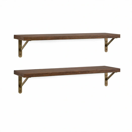 Zestaw 2 brązowych półek ściennych MDF 120 × 20 × 3,8 cm ze wspornikami w kolorze starego mosiądzu