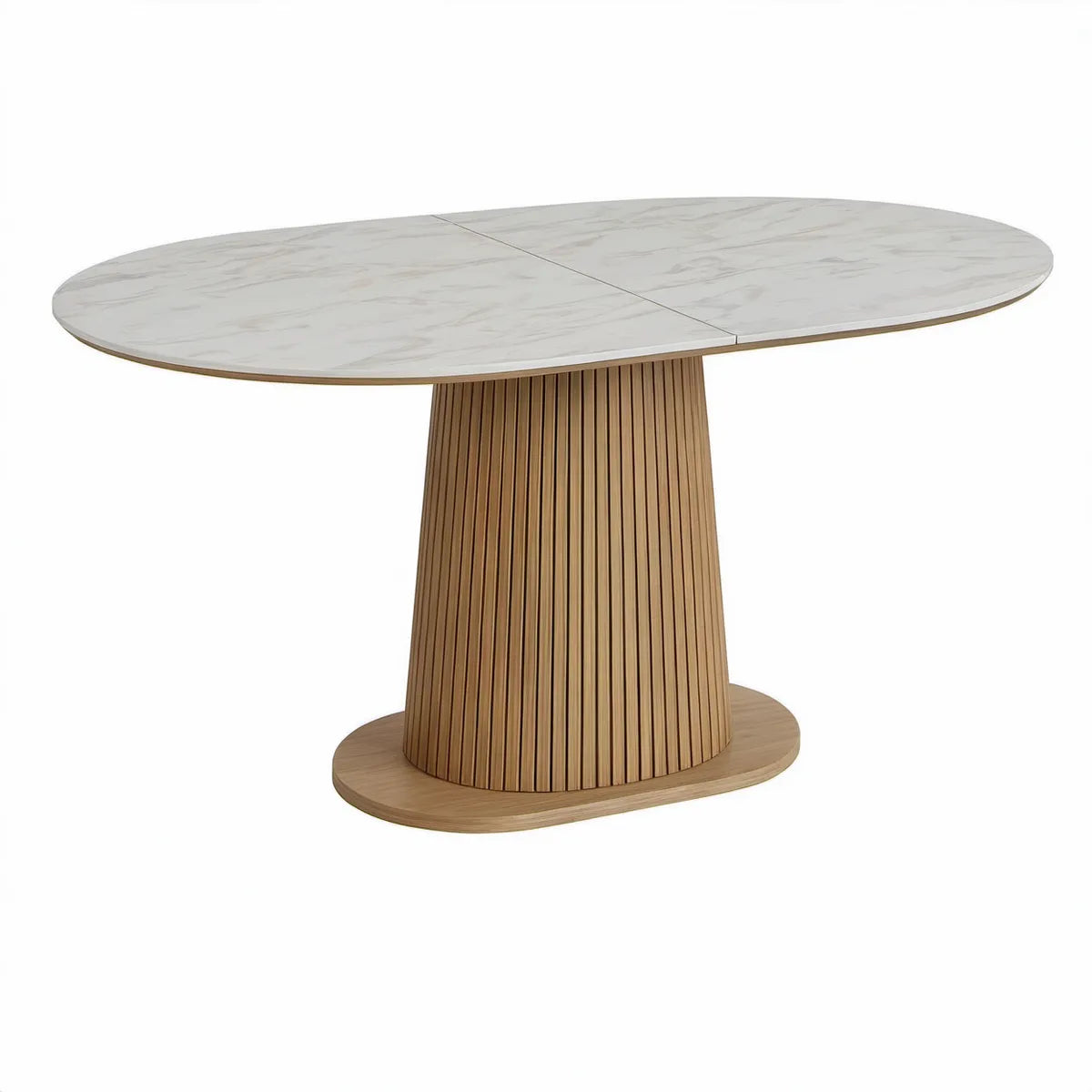 Owalny rozkładany stół 160–200 × 90 × 76 cm ze spiekiem ceramicznym, biały/szary/dąb