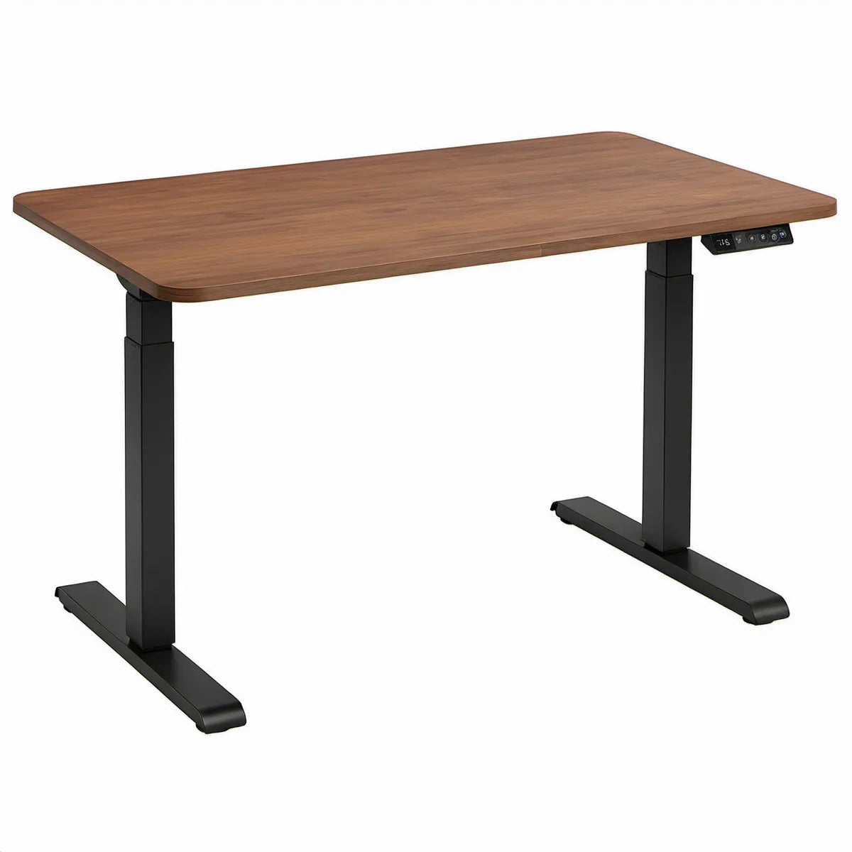 Elektrycznie regulowane biurko 140 × 70 cm, wysokość 72–120 cm, blat orzechowy, stelaż czarny